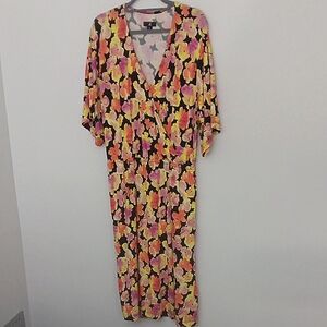 J Jason Wu Black Floral Dress Women's Size 1X Orange Yellow Pink Snap Top Belted